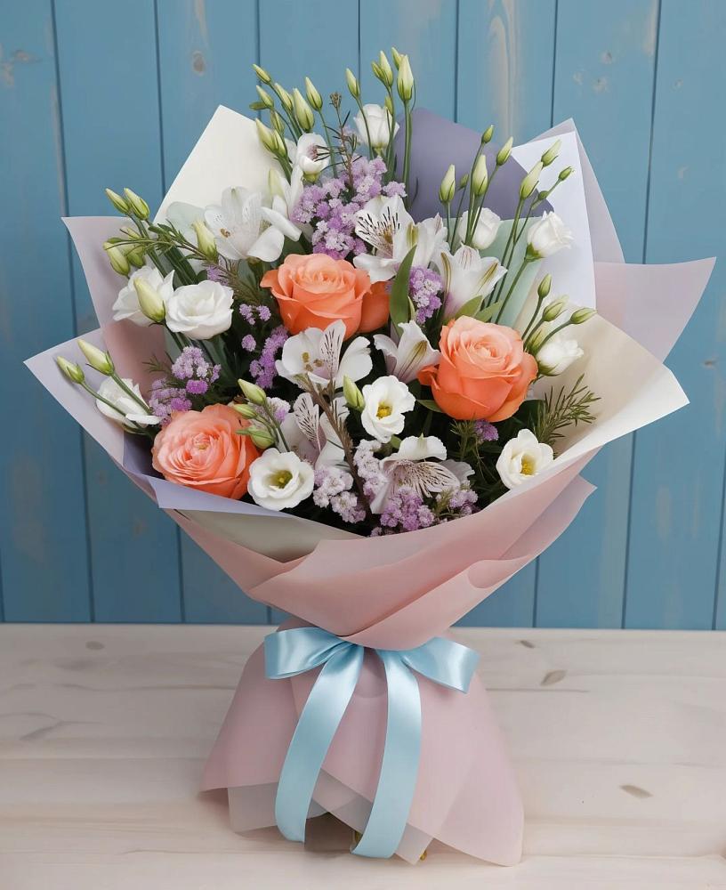Букет цветов из: Лизиантусы, Розы, Альстромерии и Гипсофила в Орске